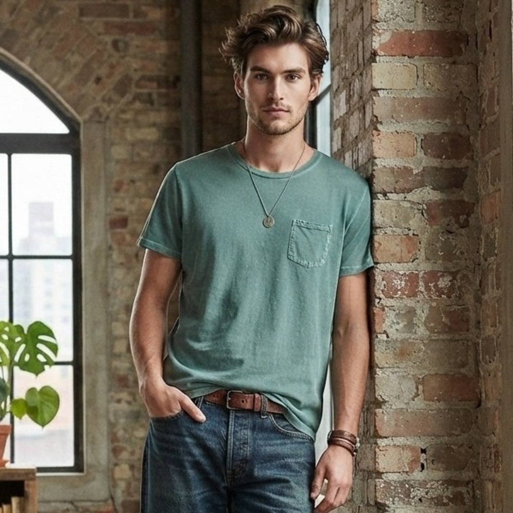Richards Stone Washed Pocket T-Shirt Mens Size L Green Cotton Good